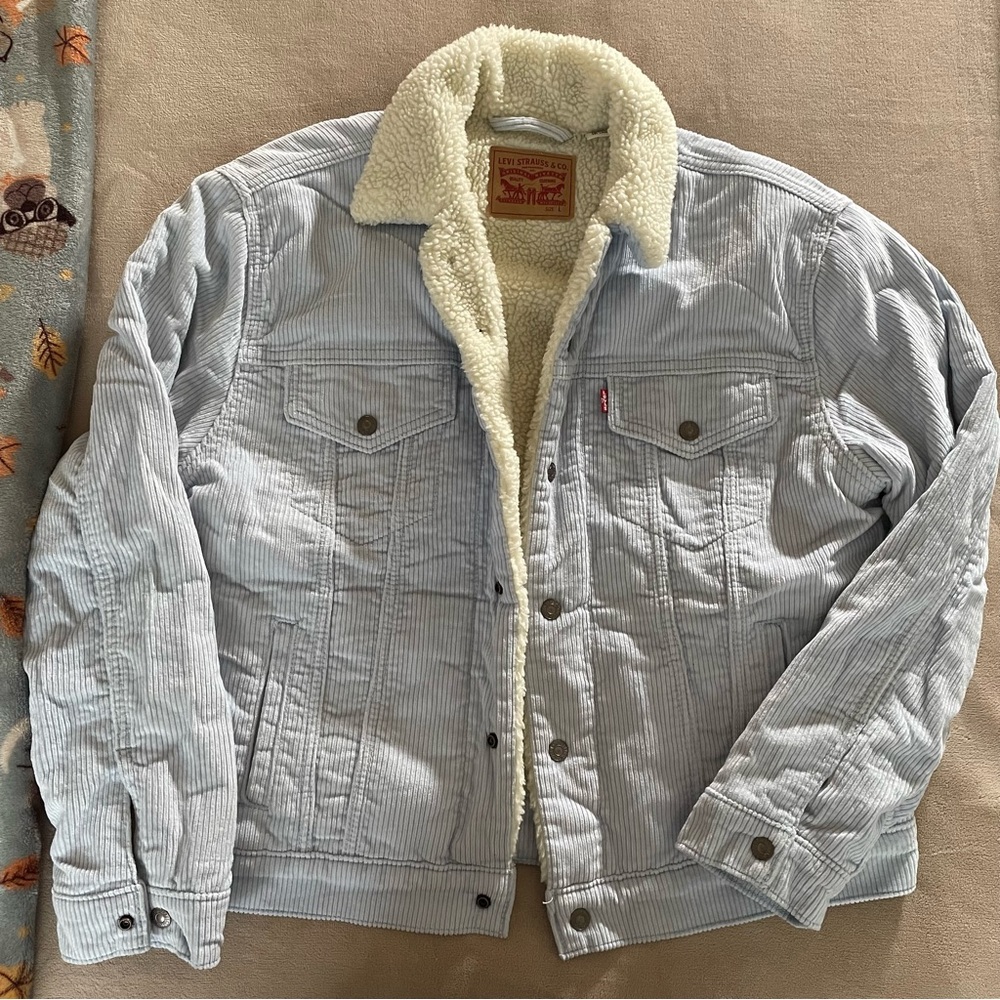 Levi’s Women’s Ex-Boyfriend Light Blue Corduroy Sherpa Trucker Jacket Size L